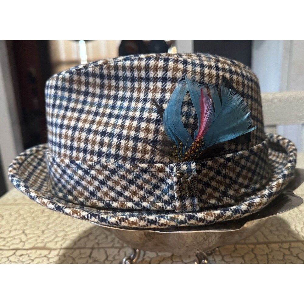 VTG Pendleton Wool Fedora With Feather Portland Oregon Plaid Brown Black Blue